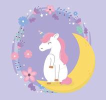 unicorno seduto sulla luna con fiori fantasia magia simpatico cartone animato vettore