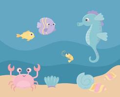 cavalluccio marino pesci granchio gamberetti sabbia vita cartone animato sotto il mare vettore