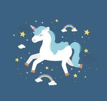 unicorno che corre arcobaleni stelle fantasia sogno magico simpatico cartone animato vettore