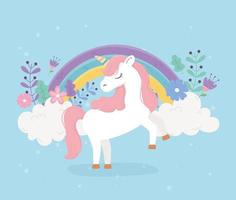 unicorno capelli rosa fiori arcobaleno fantasia sogno magico simpatico cartone animato vettore