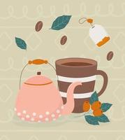 tempo del caffè, tazza di caffè teiera bustina di tè fagioli foglie bevanda fresca vettore