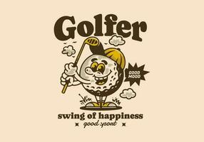 giocatore swing di felicità, portafortuna personaggio illustrazione di golf palla Tenere un' golf bastone vettore