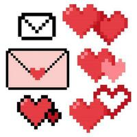 impostato di diverso pixelated rosso cuori e lettere per San Valentino giorno vettore