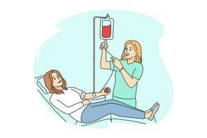 infermiera prendere sangue a partire dal donatore in plastica contenitore nel Ospedale. femmina donatore donare sangue per bisogno male ferito persone nel clinica. medicina e assistenza sanitaria concetto. vettore illustrazione.