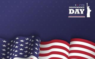 4 luglio felice giorno dell'indipendenza d'america sfondo. statua della libertà design silhouette piatta con testo e sventolando la bandiera americana in basso sulla trama della stella blu. vettore
