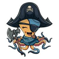 cartone animato comico personaggio di timido polpo cyborg pirata con tricorno cappello fumo un' tubo con un' guerra ascia. illustrazione per fantasia, scienza finzione e avventura i fumetti vettore