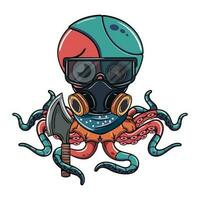 cartone animato cyborg polpo personaggio con occhiali, gas maschera e un ascia nel il suo tentacolo. illustrazione per fantasia, scienza finzione e avventura i fumetti vettore