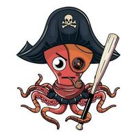 cartone animato pirata cyborg polpo personaggio indossare un' tricorno cappello fumo un' tubo con un' baseball pipistrello. illustrazione per fantasia, scienza finzione e avventura i fumetti vettore