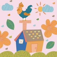 Gallo illustrazione a su Casa azienda agricola con fiore sole e nube manifesto vettore