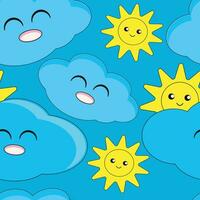 carino kawaii sorridente nube e giallo sole senza soluzione di continuità modello su un' blu sfondo. estate, natura. disegnato a mano geometrico senza soluzione di continuità modello. vettore illustrazione.