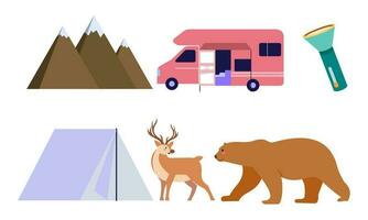 cartone animato campeggio e escursioni a piedi attrezzatura tenda e foresta natura campo logo vettore
