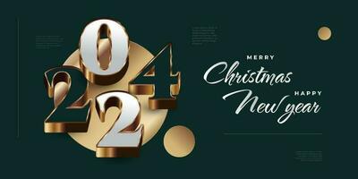 allegro Natale e contento nuovo anno 2024 bandiera o manifesto design con 3d d'oro numeri. contento nuovo anno 2024 design vettore