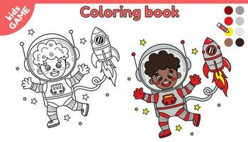 pagina di colorazione libro per bambini. colore cartone animato astronauta ragazzo afro americano con navicella spaziale nel spazio. schema astronauta buio spellato nel cosmo. educativo attività per bambini. isolato vettore design.