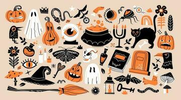 un' mistico impostato per Halloween. carino cartone animato spaventoso personaggi. mano disegnato di moda vettore illustrazione nel popolare stile.