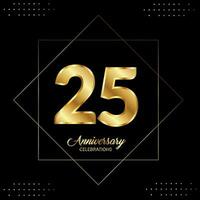 25 anni anniversario celebrazione con oro piazza montatura e cerchio forme su nero sfondo. premio design per compleanno festa, manifesto, striscione, la laurea, matrimoni, giubileo, saluti carta. vettore