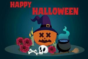 vettore concettuale design per Halloween. contento Halloween testo con elementi di pauroso zucca, cranio, Magia pozione, Rose