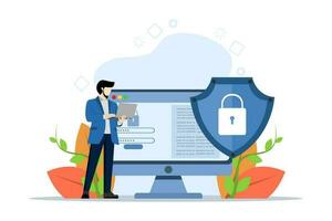 concetto dati protezione, informazione privacy, proteggere dati a partire dal dati furto il malware con minuscolo le persone. Banca dati sicurezza Software. informatica crimine, computer sistema pirateria metafora. vettore illustrazione.