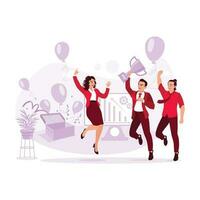 attività commerciale persone e dipendenti celebrare successo, salto felicemente con trofei e circondato di palloncini. tendenza moderno vettore piatto illustrazione.