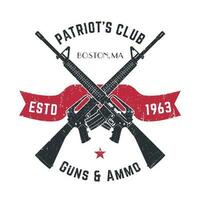 patrioti club Vintage ▾ logo con attraversato pistole, pistola negozio Vintage ▾ cartello con assalto fucili, pistola memorizzare emblema su bianca, vettore