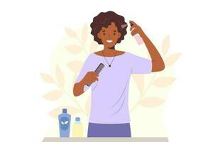 giovane africano americano donna prende cura di sua capelli, l'applicazione idratante spray per Riccio capelli vettore