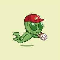 carino cartone animato alieno giocando baseball vettore