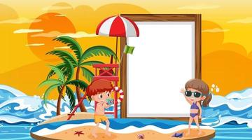 modello di banner vuoto con i bambini in vacanza sulla scena del tramonto sulla spiaggia vettore