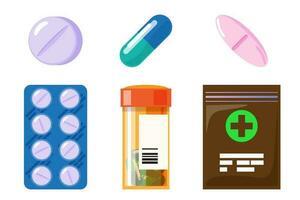 impostato di vettore realistico pillole e capsule isolato su bianca sfondo. medicinali, compresse, capsule, droga di antidolorifici, antibiotici, vitamine.