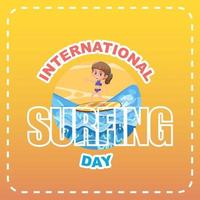 banner della giornata internazionale del surf con un personaggio dei cartoni animati di una ragazza surfista vettore