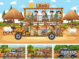 diverse scene di safari con animali e personaggi dei cartoni animati per bambini vettore