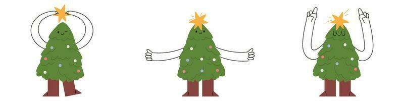 carino Natale albero personaggio concetto. cartone animato con un' divertimento Sorridi, mani e stivali. vacanza spirito illuminato di festivo luci. divertimento modo per benvenuto il nuovo anno. piatto illustrazioni isolato vettore