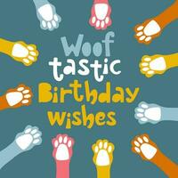 trama tastico compleanno disegnato a mano lettering saluto carta per cani festa. vettore design con cane zampe.