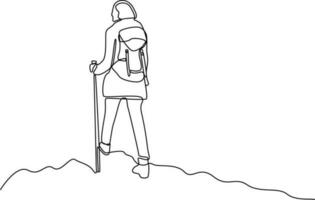 uno continuo linea disegno di viaggiatore o esploratore su montagna o valle concetto. scarabocchio vettore illustrazione nel semplice lineare stile.