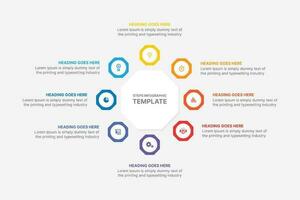 infografica, modello design con 8 passaggi o opzioni, flusso di lavoro o processi diagramma vettore