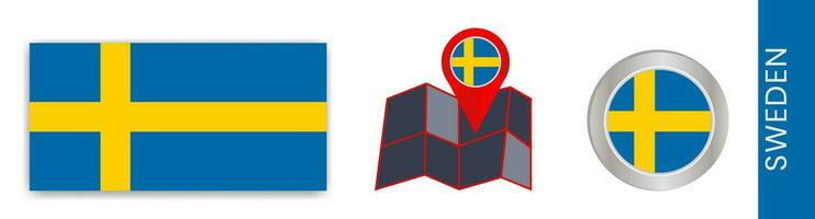 collezione di svedese nazionale bandiere isolato nel ufficiale colori e carta geografica icone di Svezia con nazione bandiere. vettore