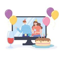 festa online, coppia con cappello drink e torta celebrazione compleanno vettore