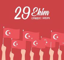 29 ekim cumhuriyet bayrami kutlu olsun, festa della repubblica della turchia, mani alzate con carta di bandiere vettore