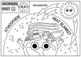 serra effetto bandiera per bambini. kawaii stile nero e bianca ecologico problema esplicativo manifesto. educativo terra giorno linea illustrazione. sole radiazione e atmosfera colorazione pagina vettore