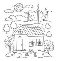 vettore nero e bianca scena con eco Casa, vento turbine, solare pannelli. ambiente amichevole casa linea concetto con alberi. ecologico nazione illustrazione. carino terra giorno paesaggio, colorazione pagina