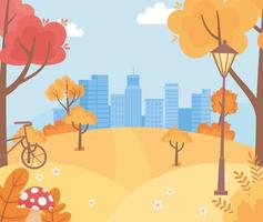 paesaggio nella scena della natura autunnale, paesaggio urbano urbano colline bicicletta alberi fogliame vettore