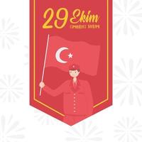 29 ekim cumhuriyet bayrami kutlu olsun, festa della repubblica turca, soldato pendente con sfondo bandiera vettore
