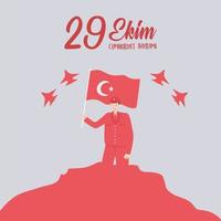29 ekim cumhuriyet bayrami kutlu olsun, festa della repubblica della turchia, soldato di design rosso con bandiera e carta degli aeroplani vettore