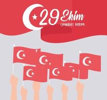 29 ekim cumhuriyet bayrami kutlu olsun, festa della repubblica della turchia, sventolando la bandiera rossa e le mani con la celebrazione delle bandiere vettore