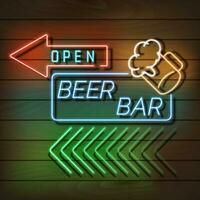 birra bar neon leggero bandiera su un' di legno parete. blu e arancia cartello. decorativo realistico retrò elemento per ragnatela design vettore