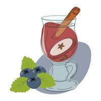 mano disegnato di un' bicchiere tazza con vin brulé vino, cannella bastone, Mela fetta, frutti di bosco e colorato macchie vettore