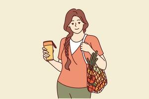 donna con maglia Borsa pieno con verdure a partire dal contadino giusto bevande caffè a partire dal riutilizzabile tazza per prendere cura di ecologia. ragazza Spettacoli civico coscienza di abbandonare plastica per evitare inquinamento ecologia vettore