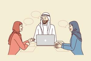 aziendale attività commerciale incontro con persone nel Arabo Abiti e hijab seduta a ufficio tavolo con il computer portatile. incontro azienda dipendenti con partner per di brainstorming e discussione di marketing strategia vettore