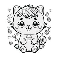 carino chibi gatto colorazione pagina con fiori vettore