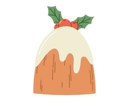 Natale torta budino con glassatura e agrifoglio ramo con le foglie e frutti di bosco. vettore isolato piatto illustrazione di festivo inverno cottura al forno.