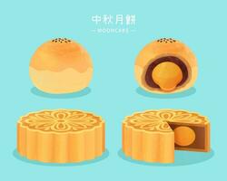 delizioso cantonese mooncake e tuorlo Pasticcino nel mano disegnato stile su blu sfondo, Luna Festival mooncake scritto nel Cinese parole vettore