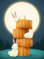 medio autunno Festival illustrazione con bello coniglio e mooncakes su pieno Luna sfondo vettore